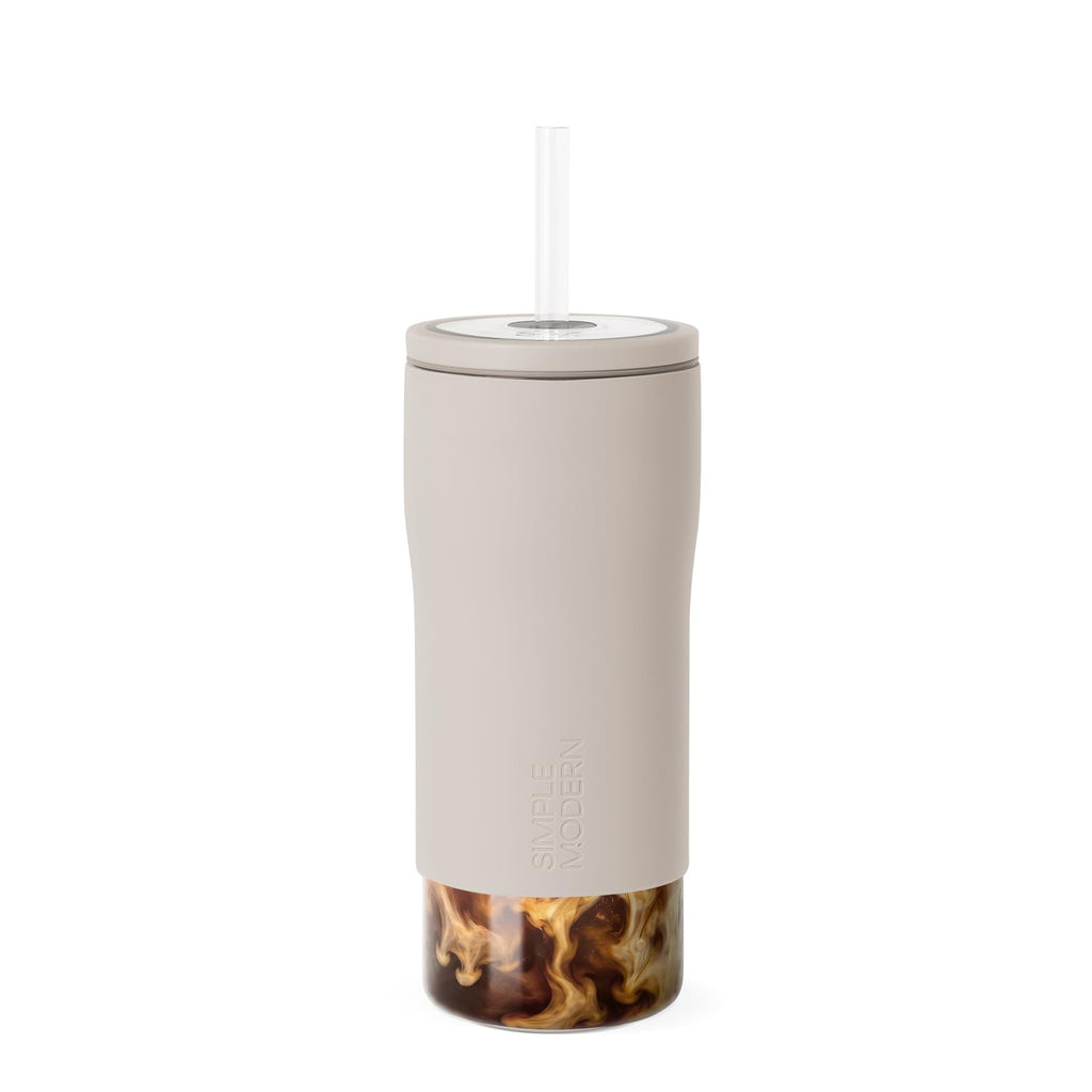Glass Iced Coffee Cup with Straw Lid 20oz Beige T6890