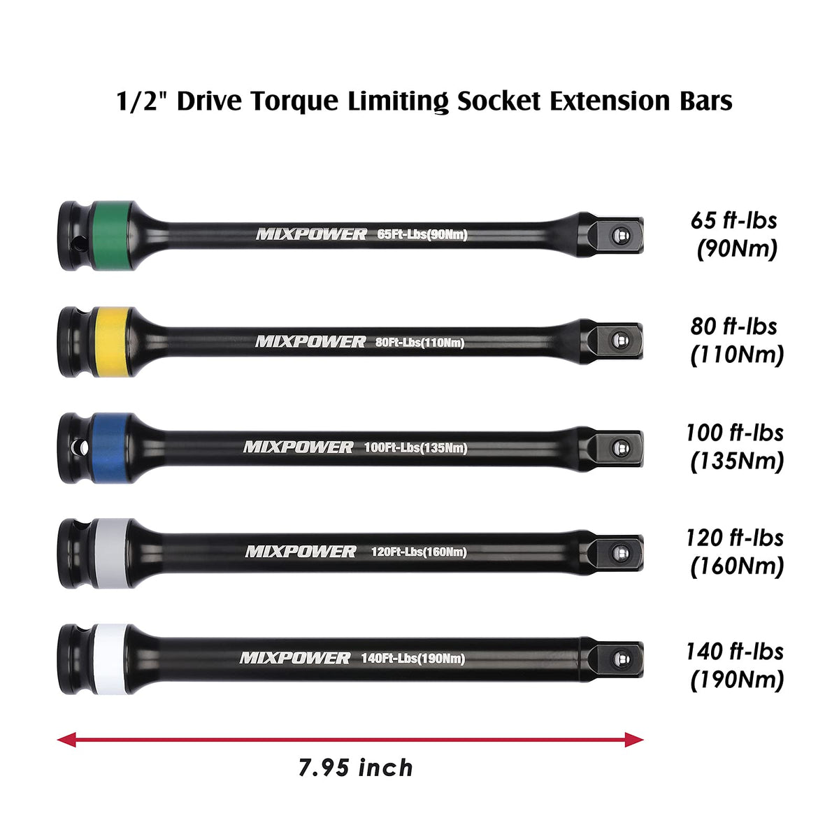 5 Piece 1/2" Drive Torque Limiting Socket Extension Bars Q43275