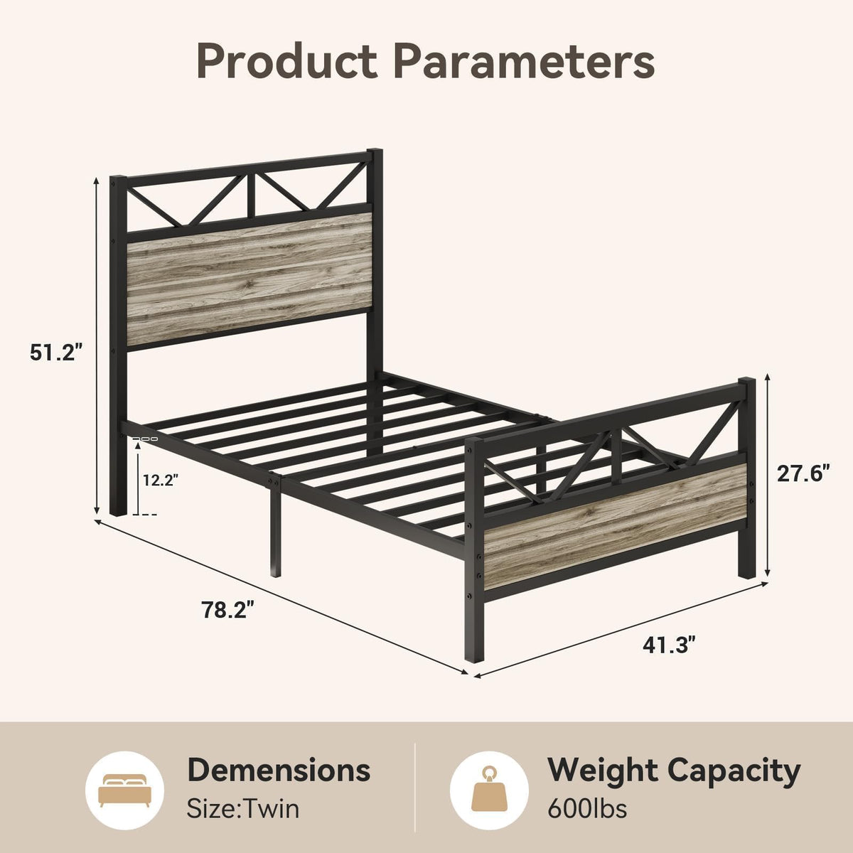 Wash Grey Twin Size Bed Frame with Tall Headboard G4942