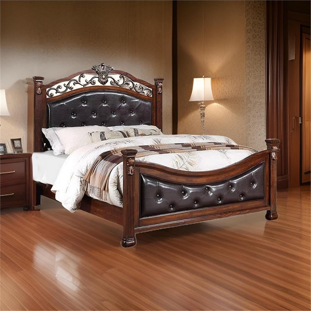 California King Bed with Tufted Vegan Faux Leather Headboard O832