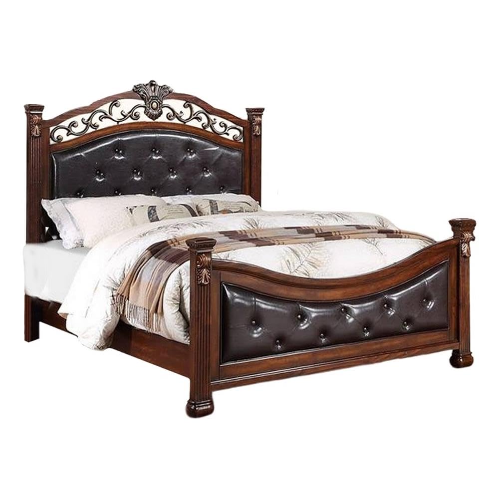 California King Bed with Tufted Vegan Faux Leather Headboard O832