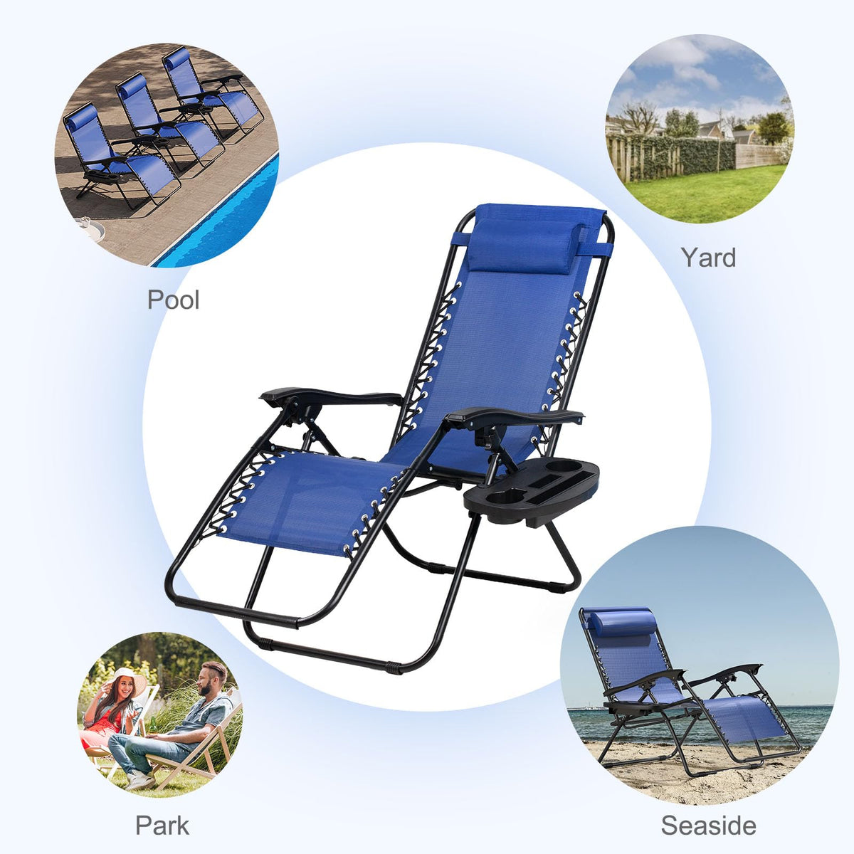 Set of 2 Adjustable Steel Mesh Zero Gravity Lounge Chairs with Pillow and Cup Holder C144785
