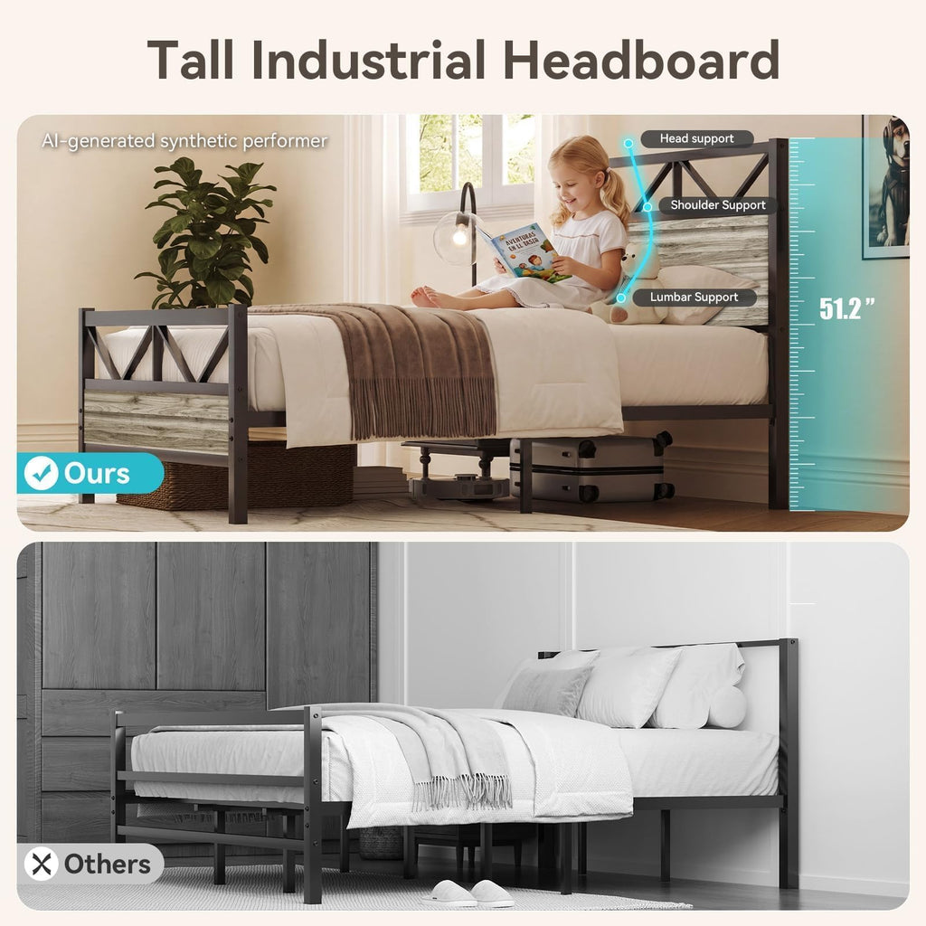 Wash Grey Twin Size Bed Frame with Tall Headboard G4942