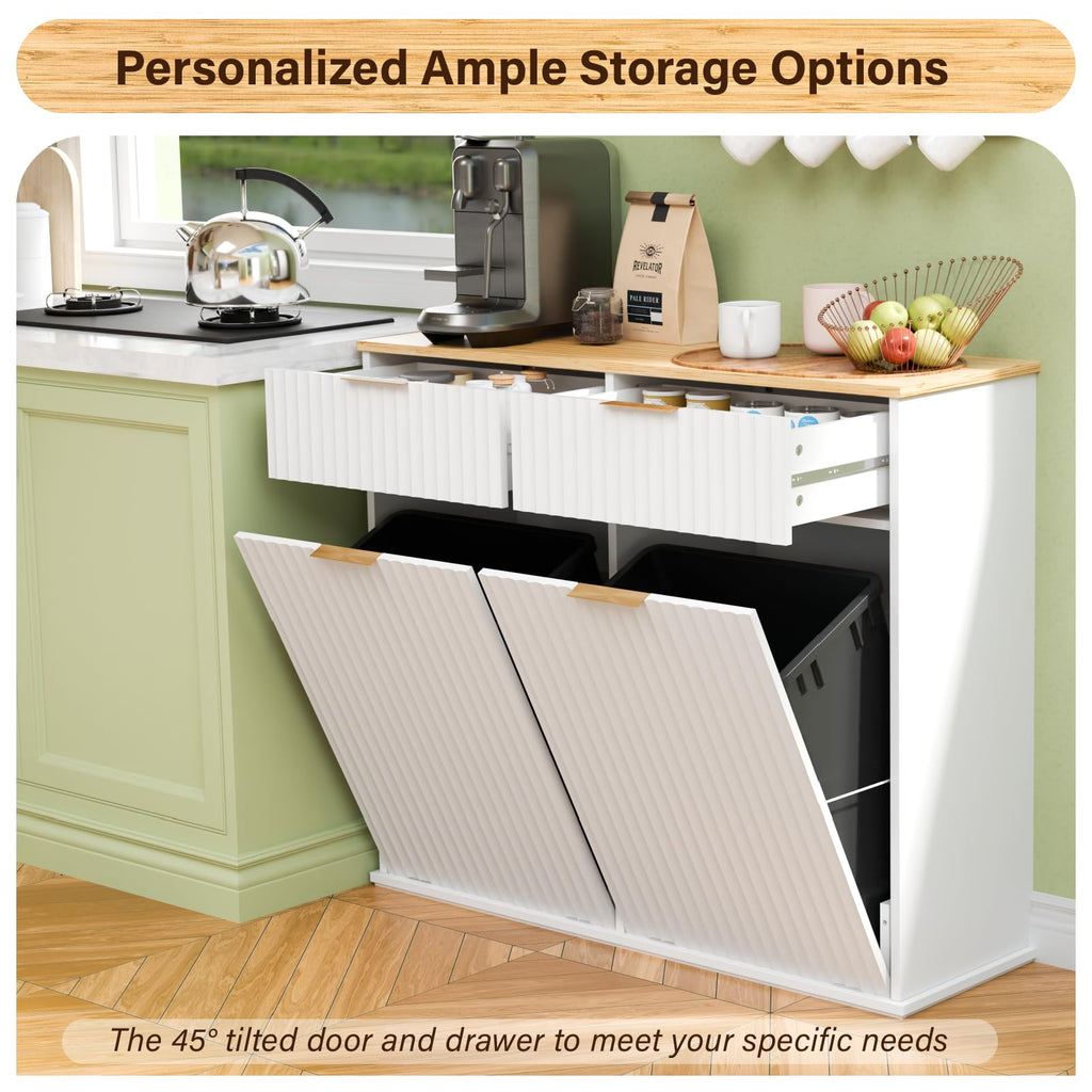 20 Gallon Double Tilt Out Wooden Trash Can Cabinet with Storage Drawers K28225