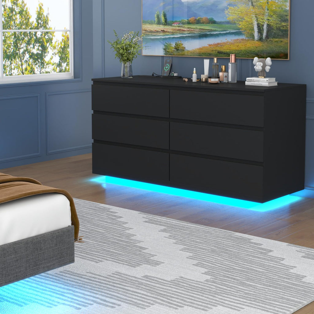 White 6 Drawer Dresser with Power Outlet and LED Light N79280