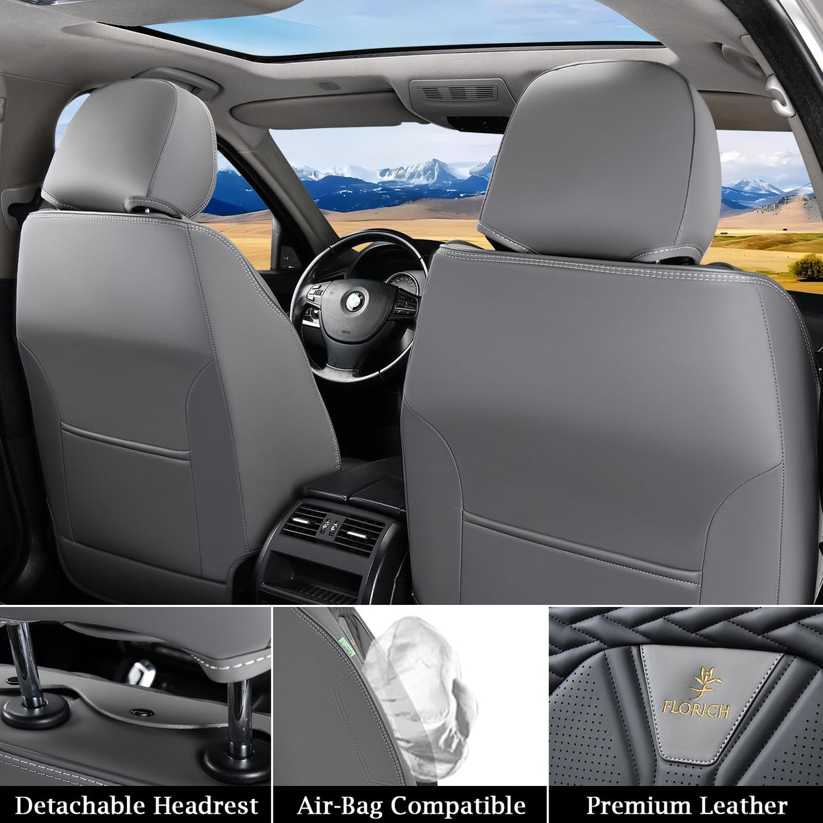 Leather Seat Covers Full Set 5 Seats Gray Black D212