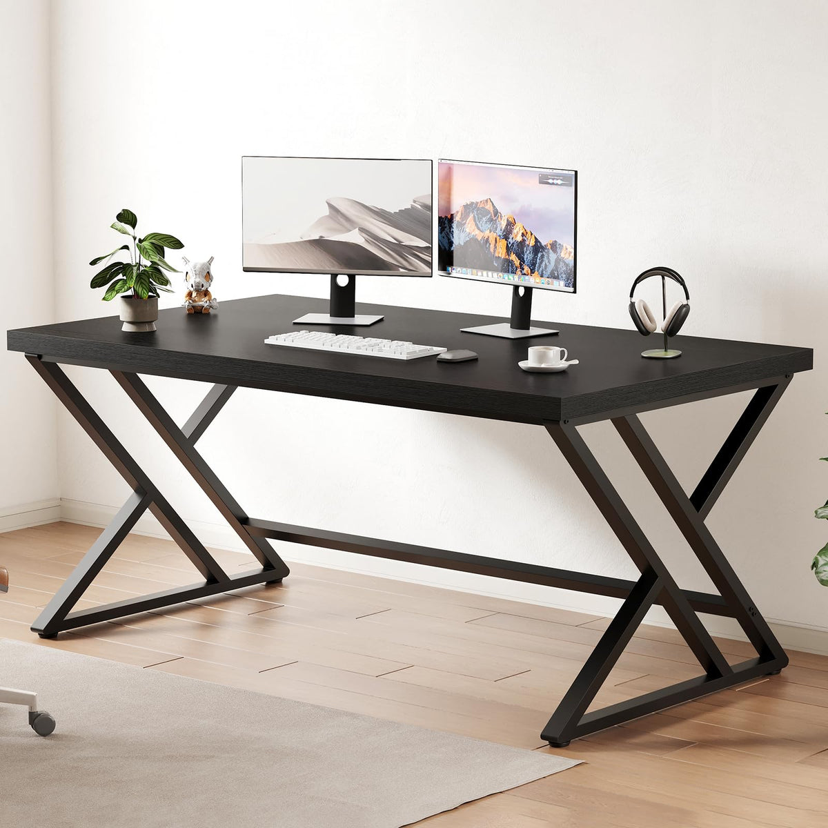 Black 47 Inch Metal and Wood Computer Desk U318