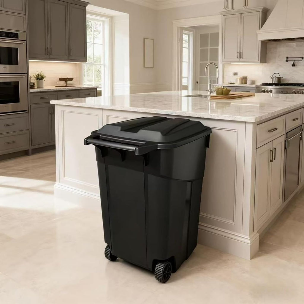 Black 45 Gallon Wheeled Heavy Duty Plastic Trash Can with Lid K5498