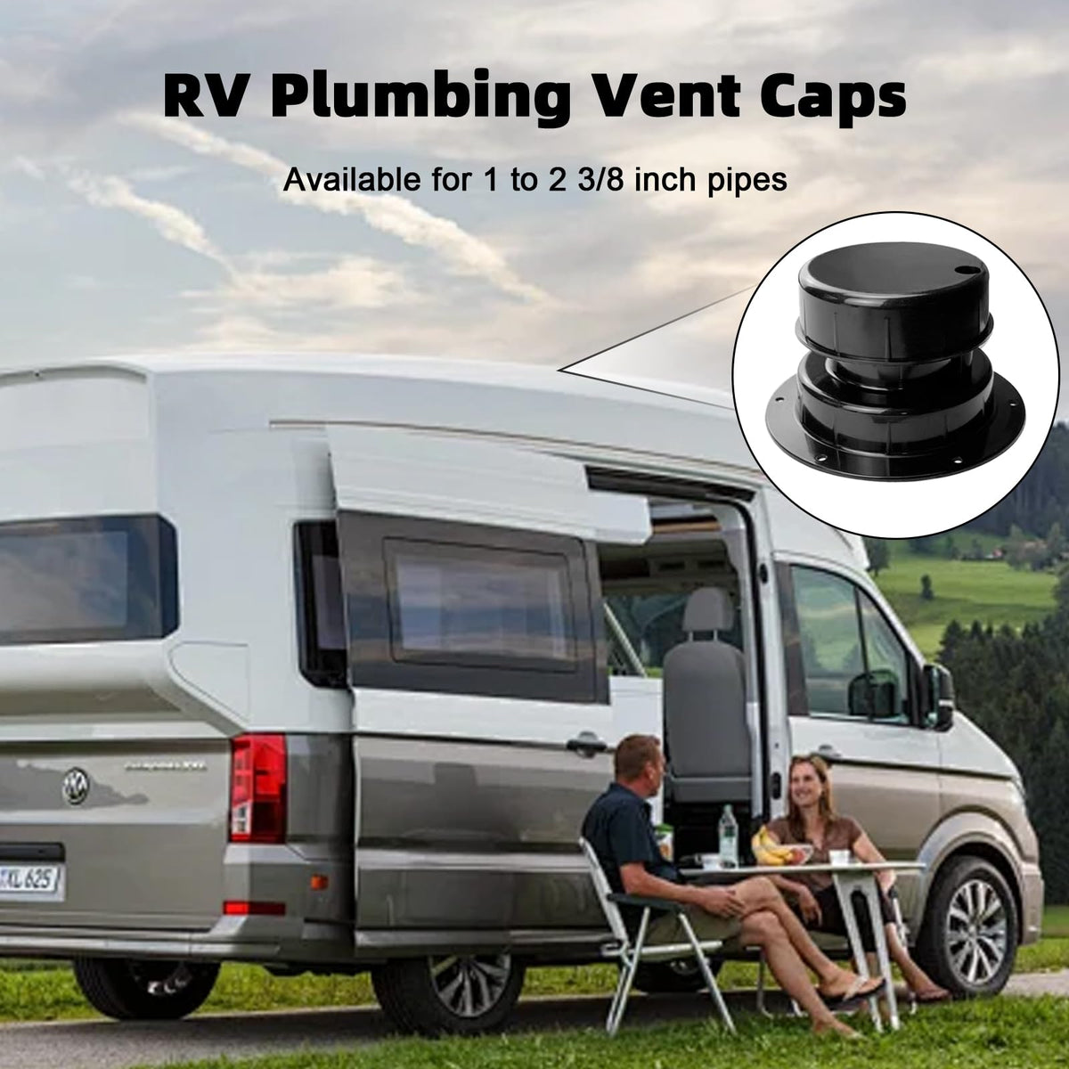 RV Plumbing Vent Caps Kit 2Pcs Plastic Roof Sewer Vent Cover Caps Black P10150