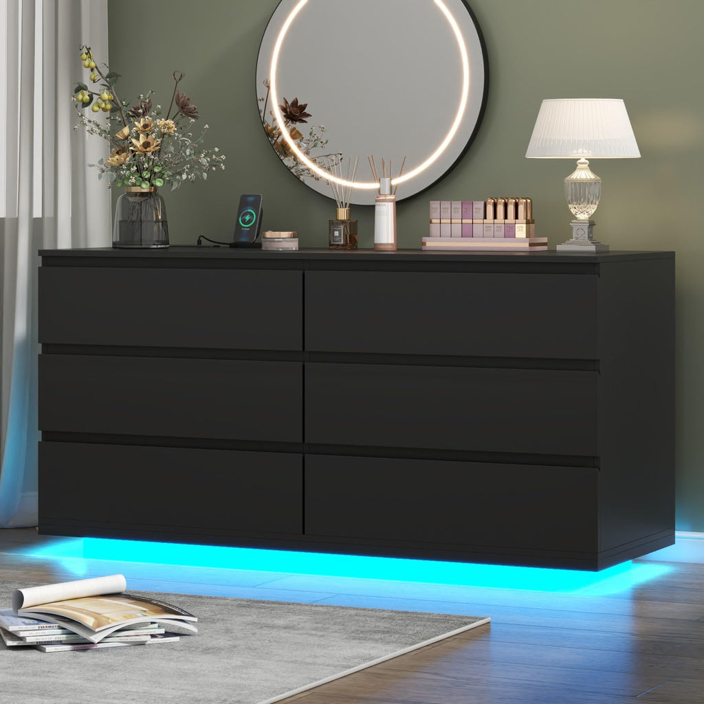 White 6 Drawer Dresser with Power Outlet and LED Light N79280