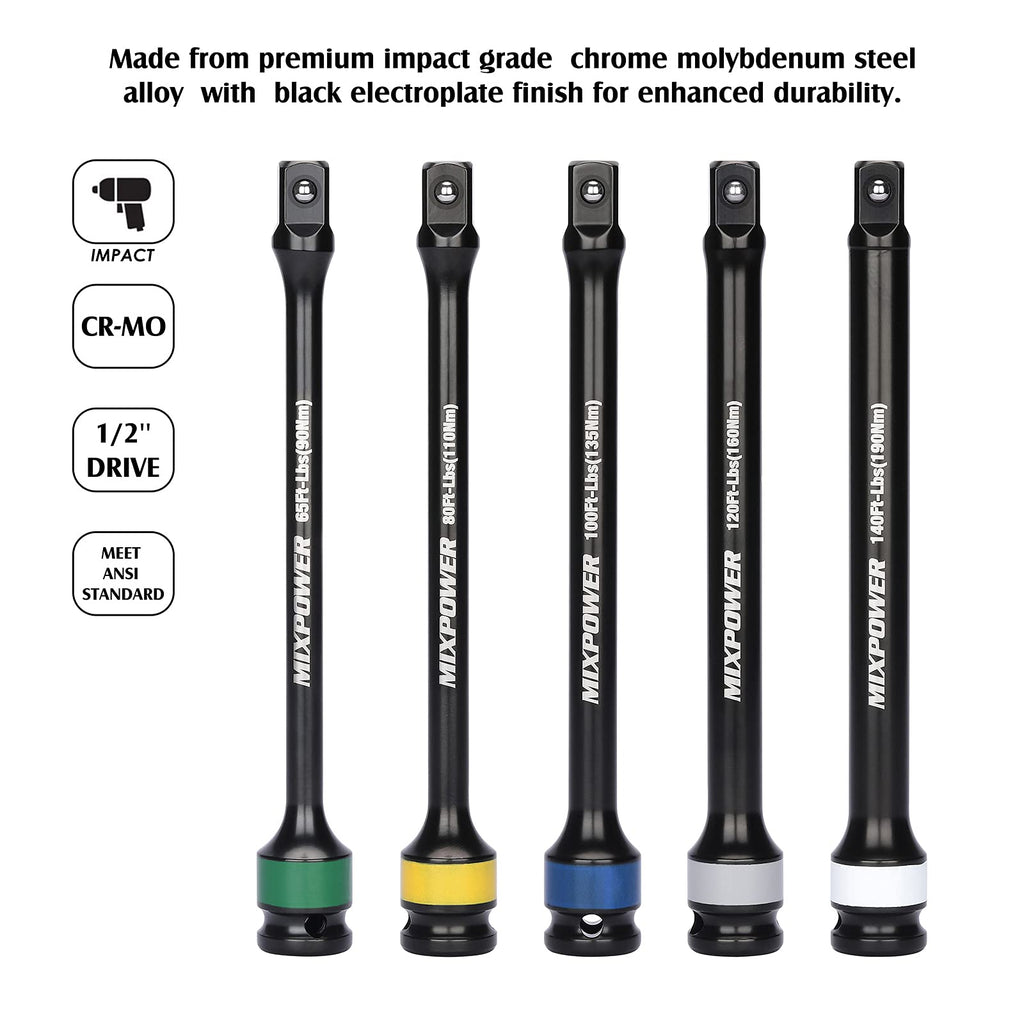 5 Piece 1/2" Drive Torque Limiting Socket Extension Bars Q43275