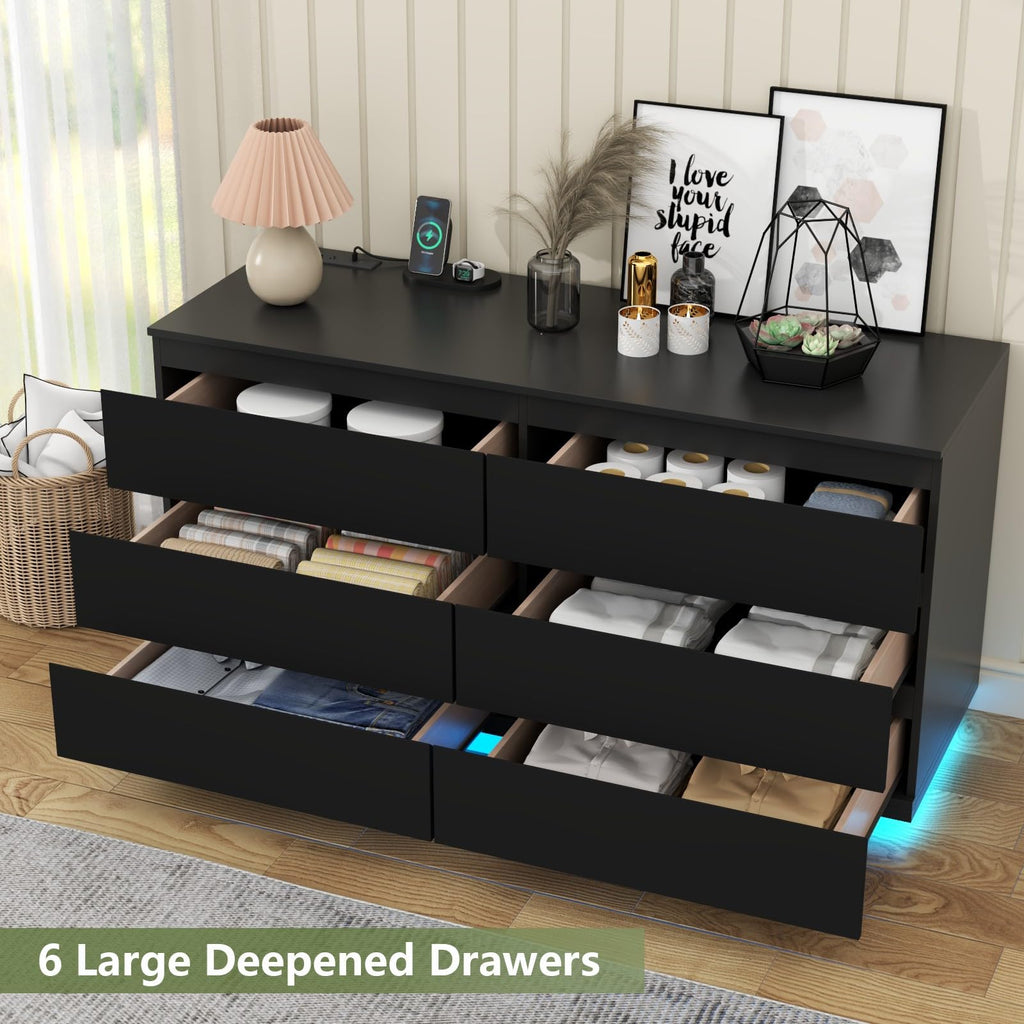 White 6 Drawer Dresser with Power Outlet and LED Light N79280