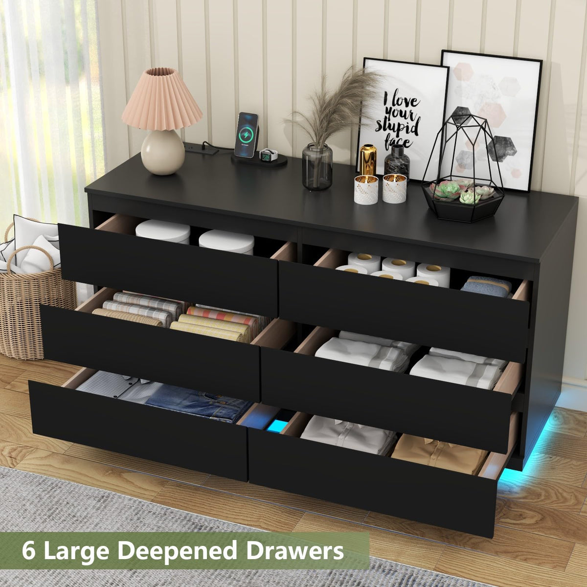 White 6 Drawer Dresser with Power Outlet and LED Light N79280