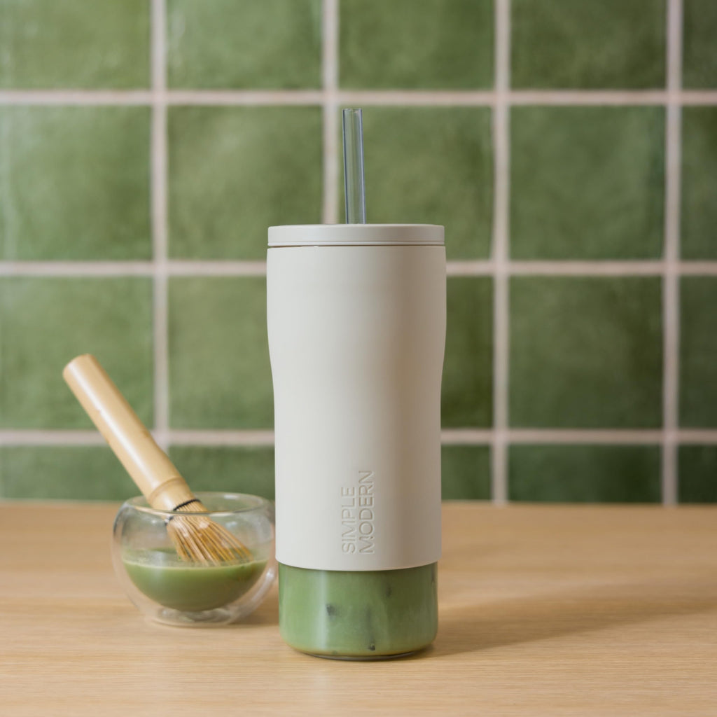 Glass Iced Coffee Cup with Straw Lid 20oz Beige T6890