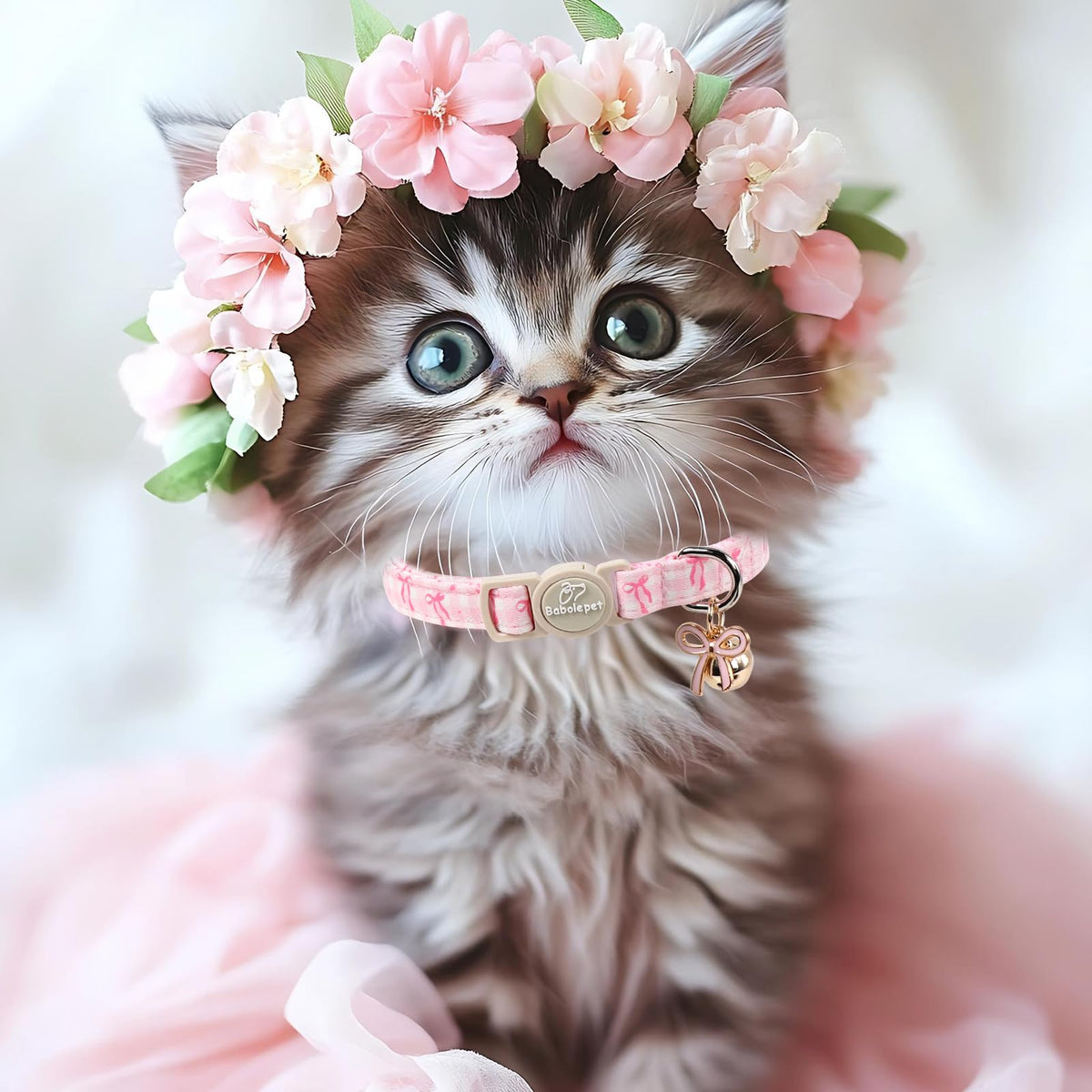 Pink Breakaway Cat Collar with Bell, Bow and Flower Pendant M3595