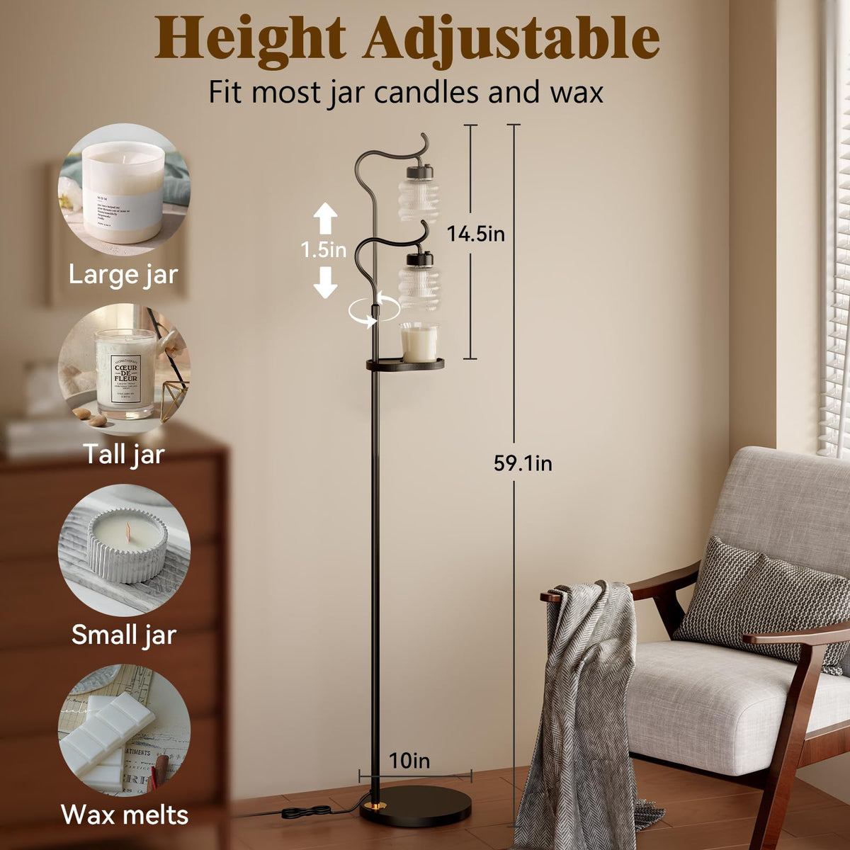 Dimmable Height Adjustable Candle Warmer Floor Lamp with Timer L111679