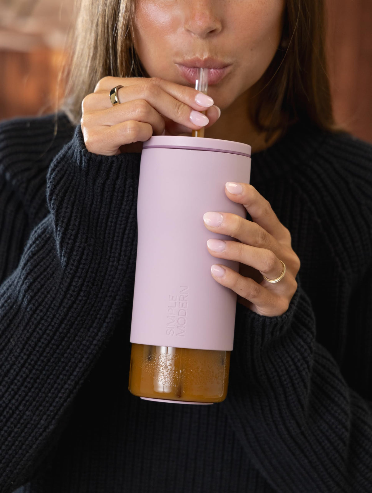 Glass Iced Coffee Cup with Straw Lid 20oz Beige T6890