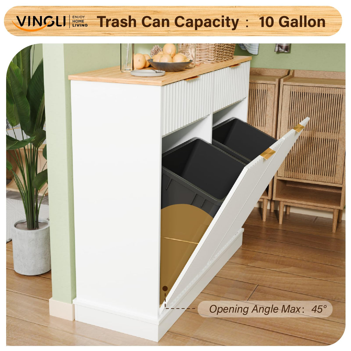 20 Gallon Double Tilt Out Wooden Trash Can Cabinet with Storage Drawers K28225