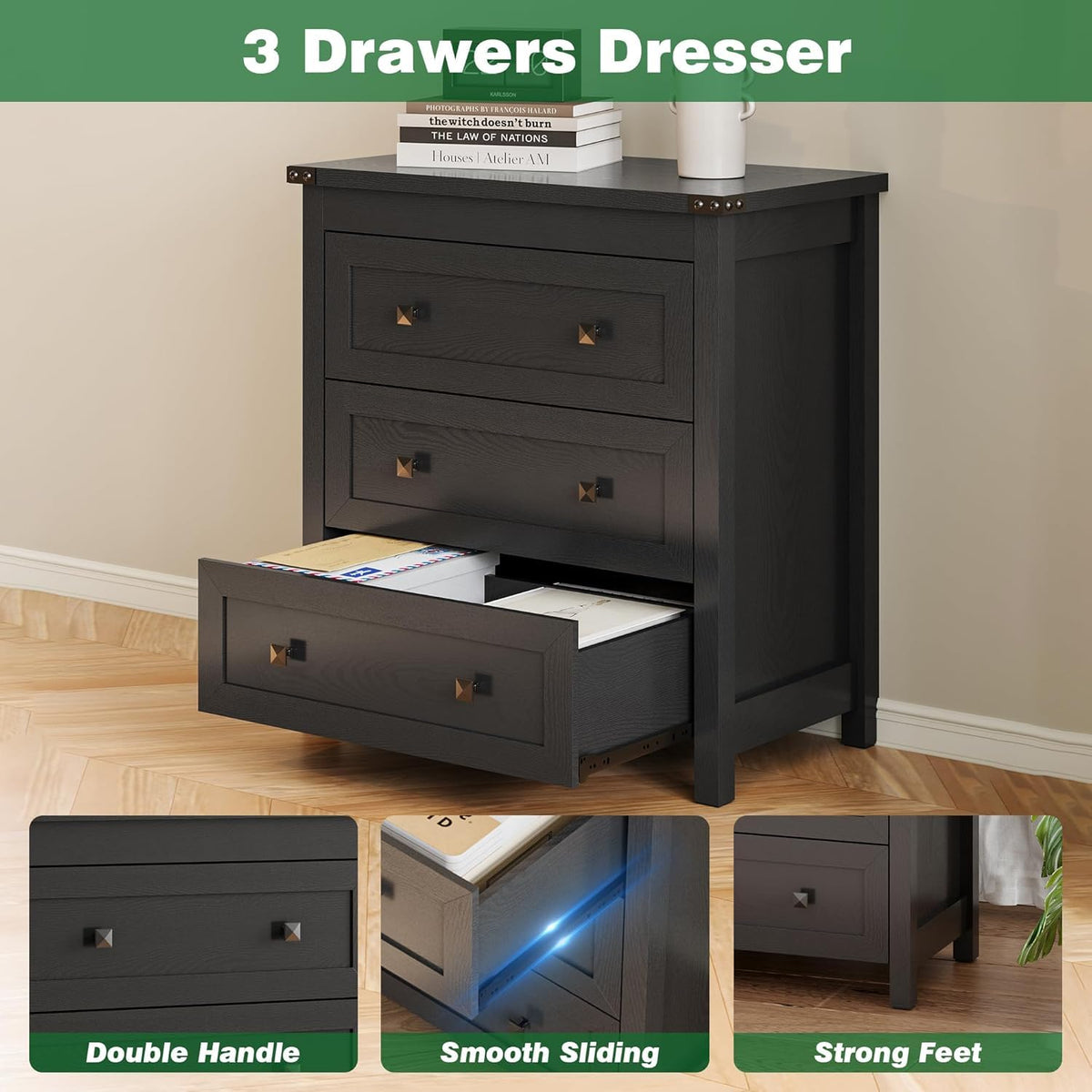 27.6" Wide Black 3 Drawer Wood Nightstand T31346