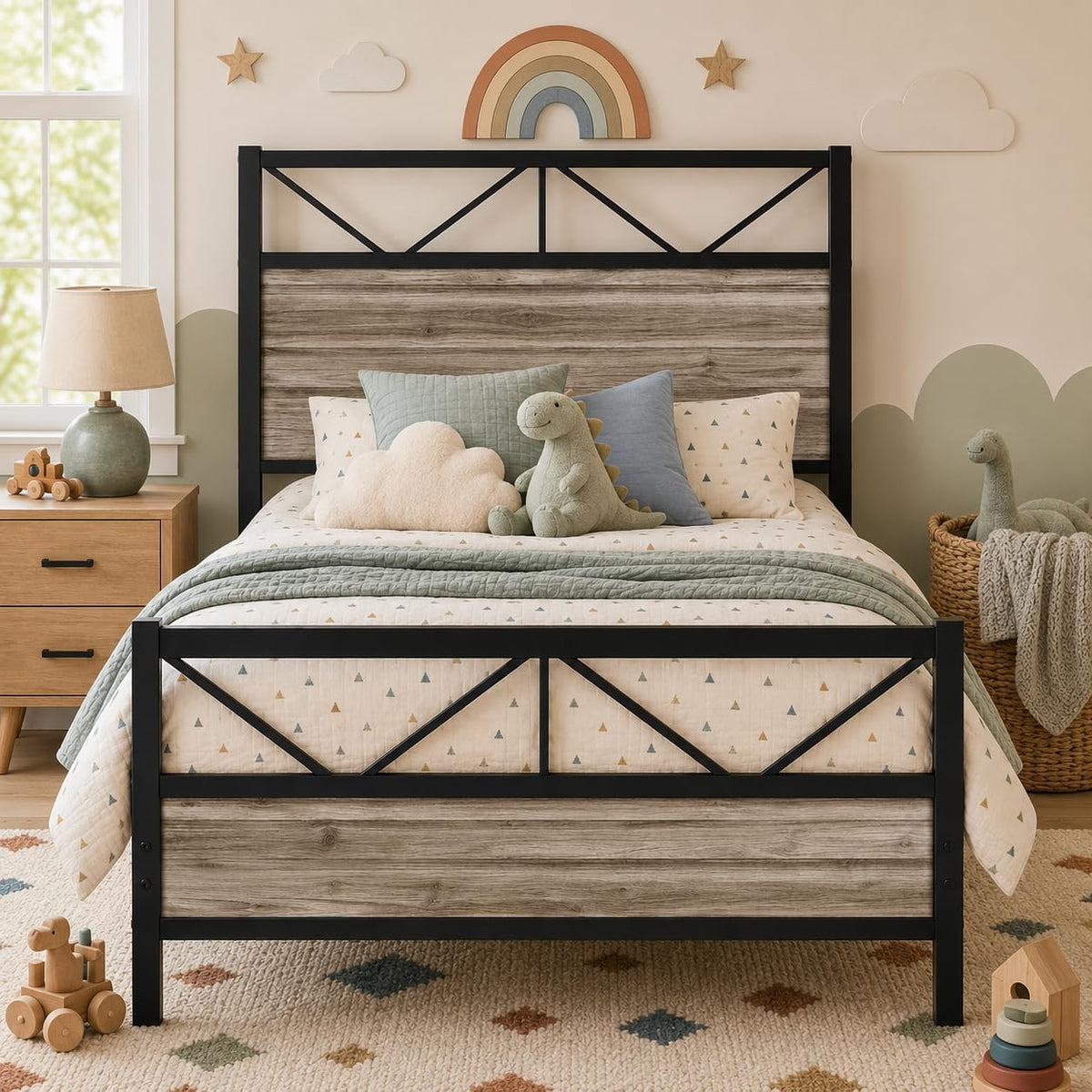 Wash Grey Twin Size Bed Frame with Tall Headboard G4942