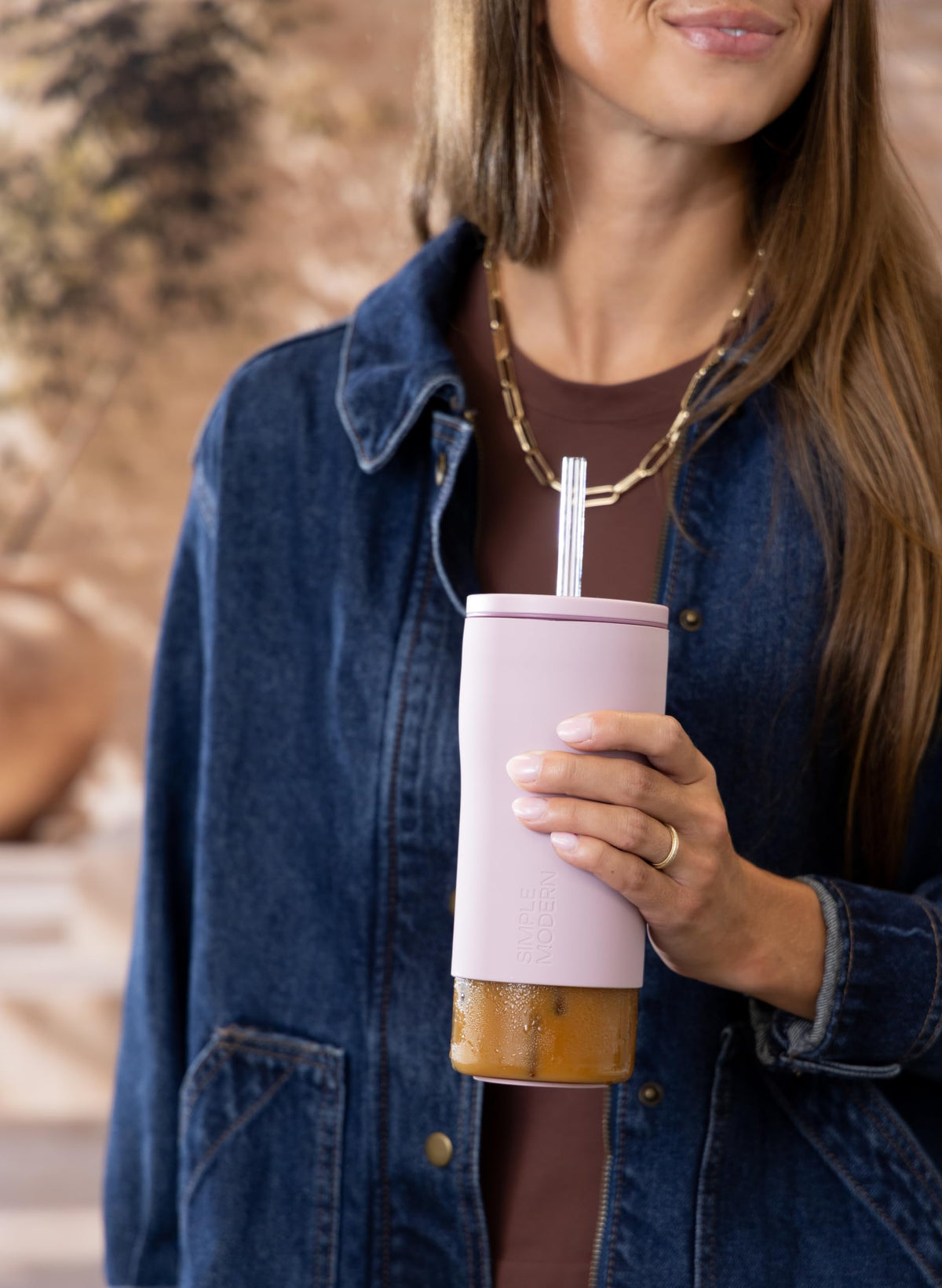 Glass Iced Coffee Cup with Straw Lid 20oz Beige T6890