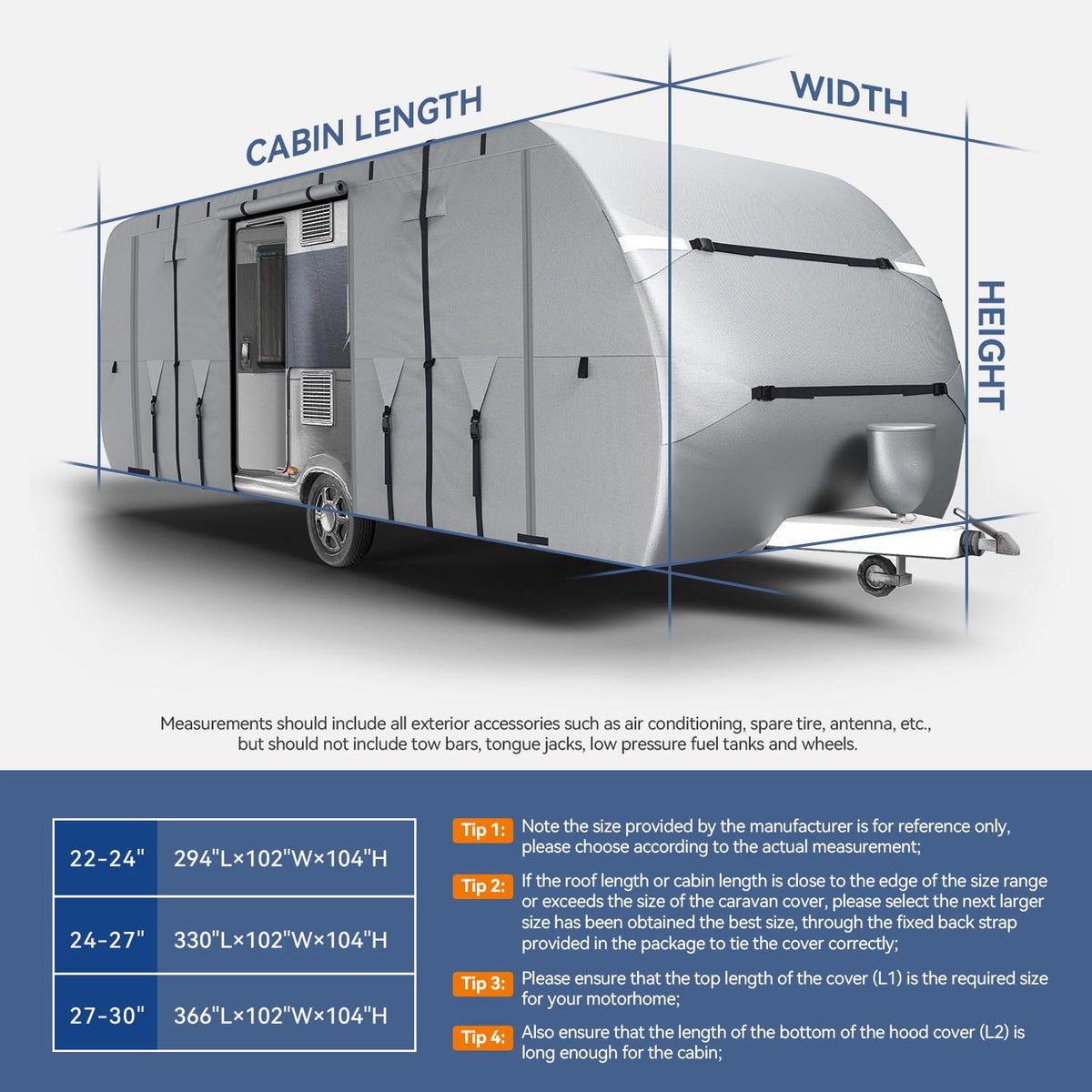 300D Oxford 27-30ft Camper Cover with Jack Cover, 4 Tire Covers and Gutter Cover Z6090