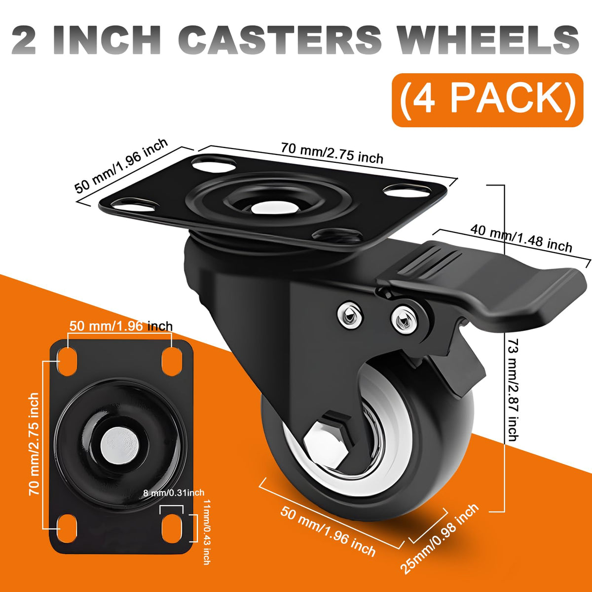2 Inch Caster Wheel Set of 4 with Dual Brake C8842