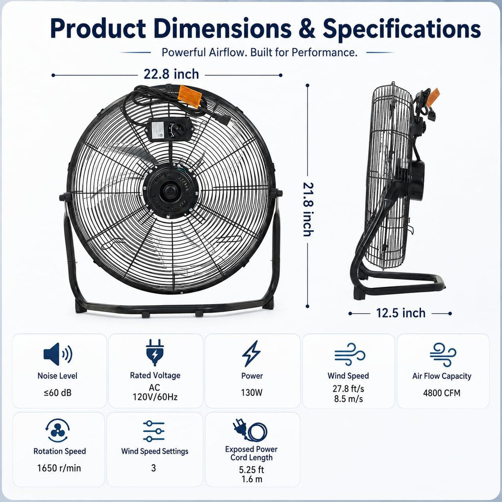 20 Inch Industrial Floor Fan, 3 Speeds, 360° Tilt G730