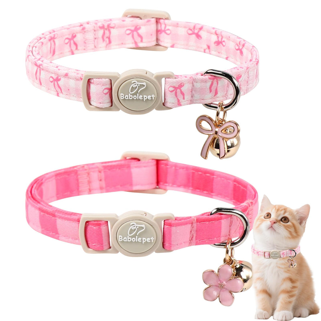 Pink Breakaway Cat Collar with Bell, Bow and Flower Pendant M3595