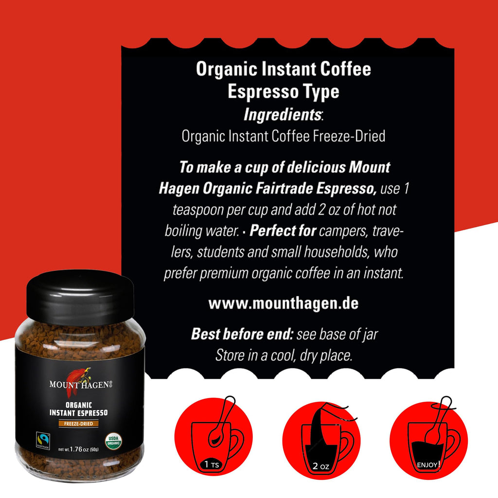 Instant Espresso Coffee, Organic Medium Roast Arabica, 1.76oz Jar U21774