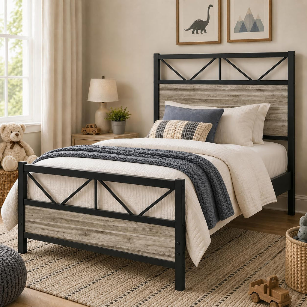 Wash Grey Twin Size Bed Frame with Tall Headboard G4942