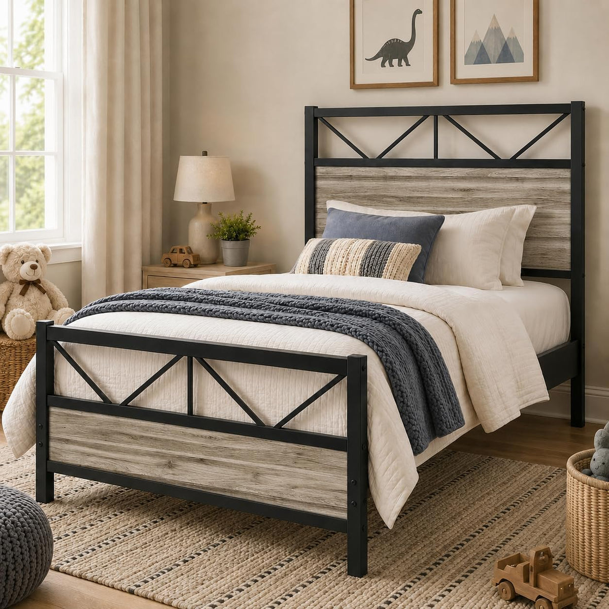 Wash Grey Twin Size Bed Frame with Tall Headboard G4942