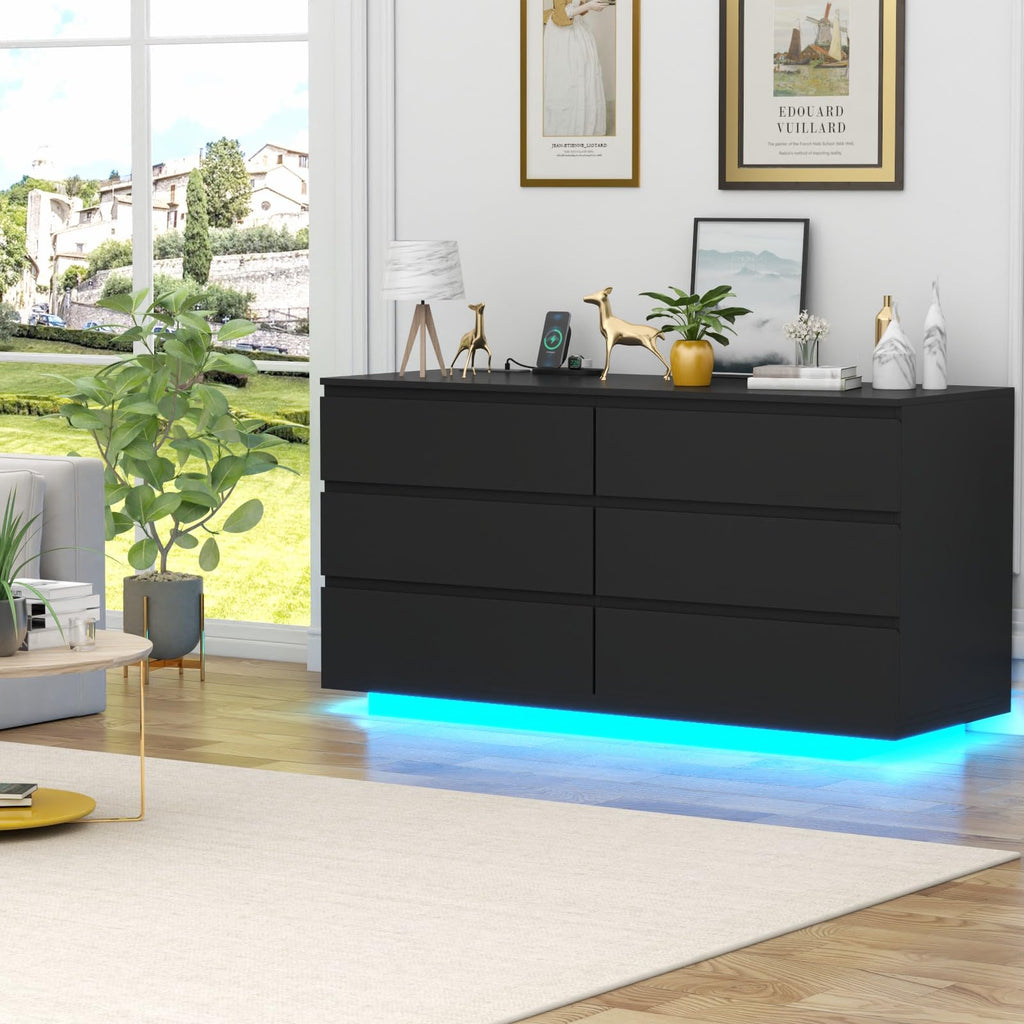 White 6 Drawer Dresser with Power Outlet and LED Light N79280