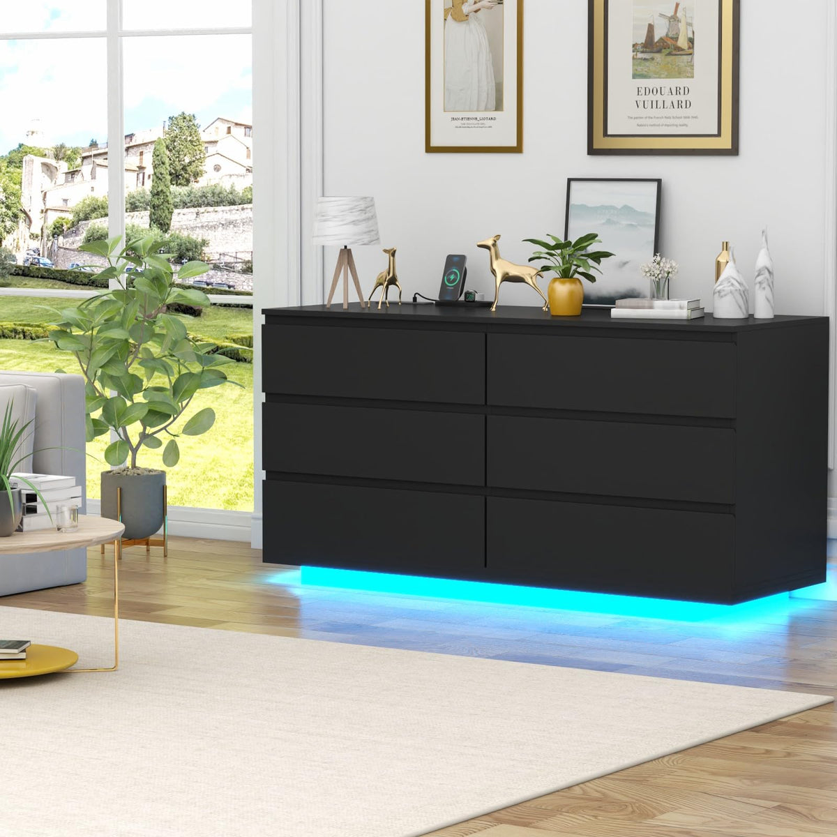 White 6 Drawer Dresser with Power Outlet and LED Light N79280