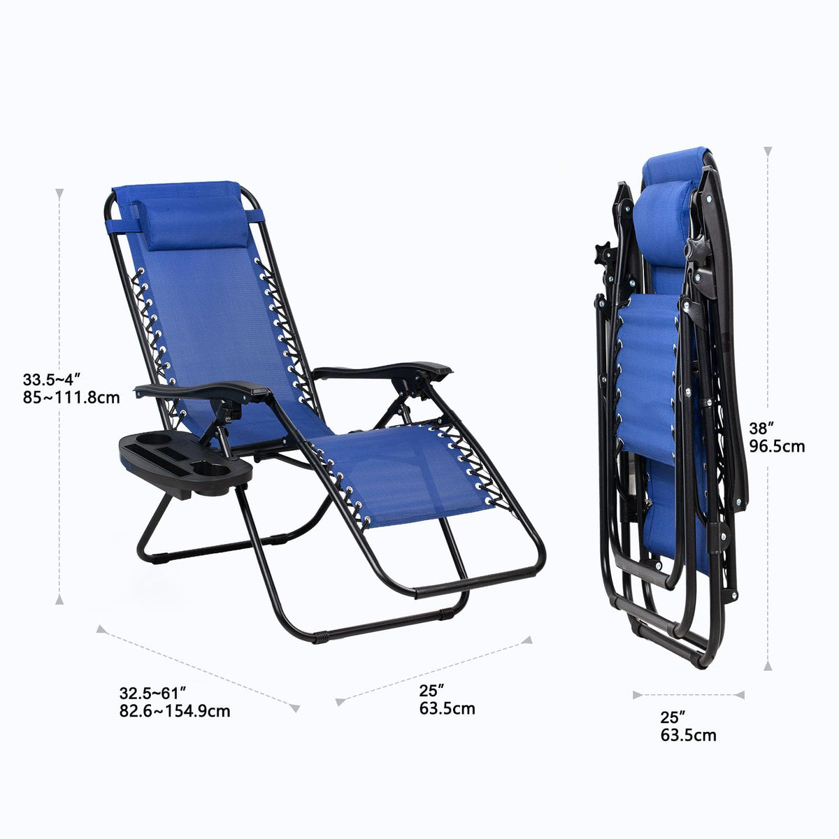 Set of 2 Adjustable Steel Mesh Zero Gravity Lounge Chairs with Pillow and Cup Holder C144785