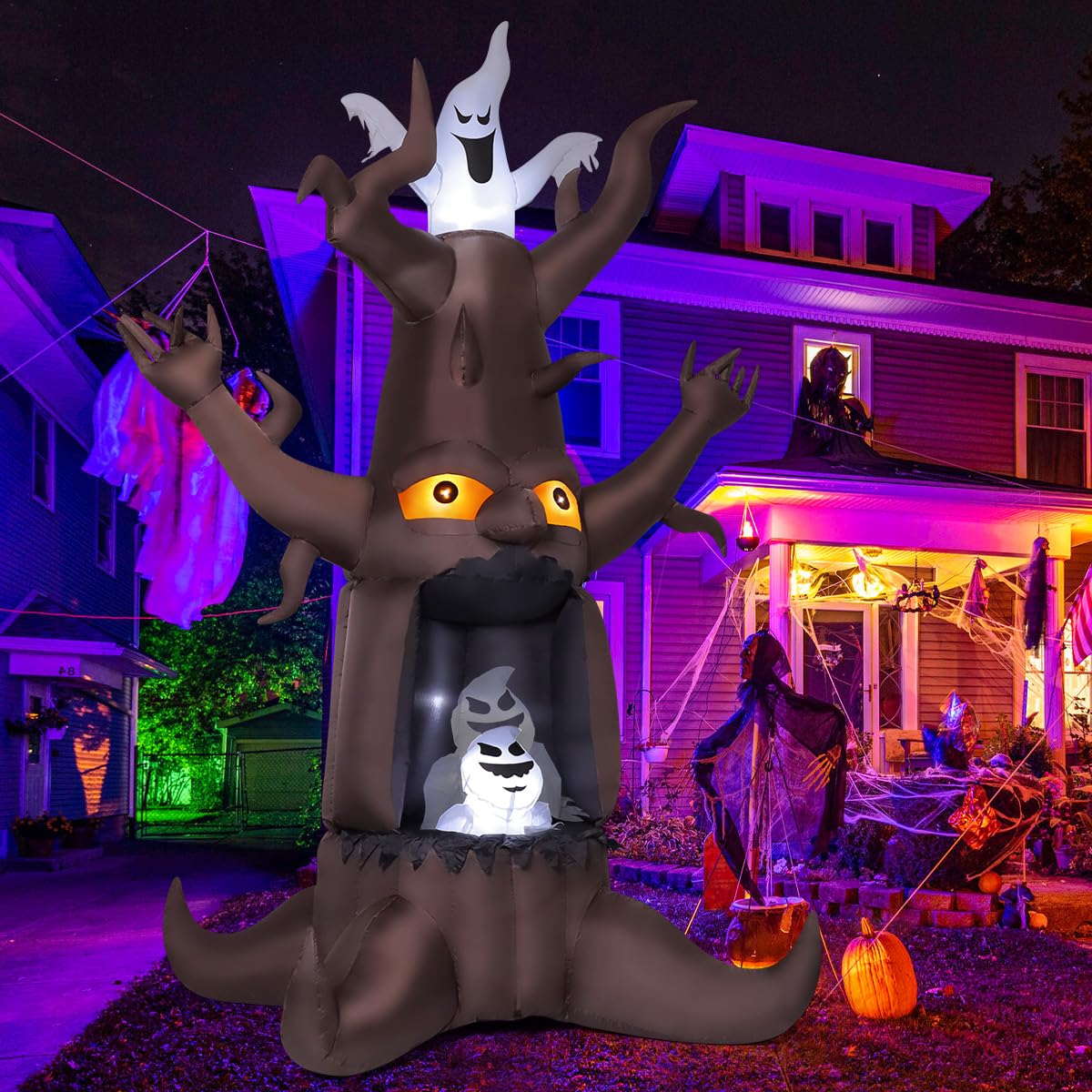 9 Ft Animated Inflatable Dead Tree and White Ghost with Built-In LEDs S60567