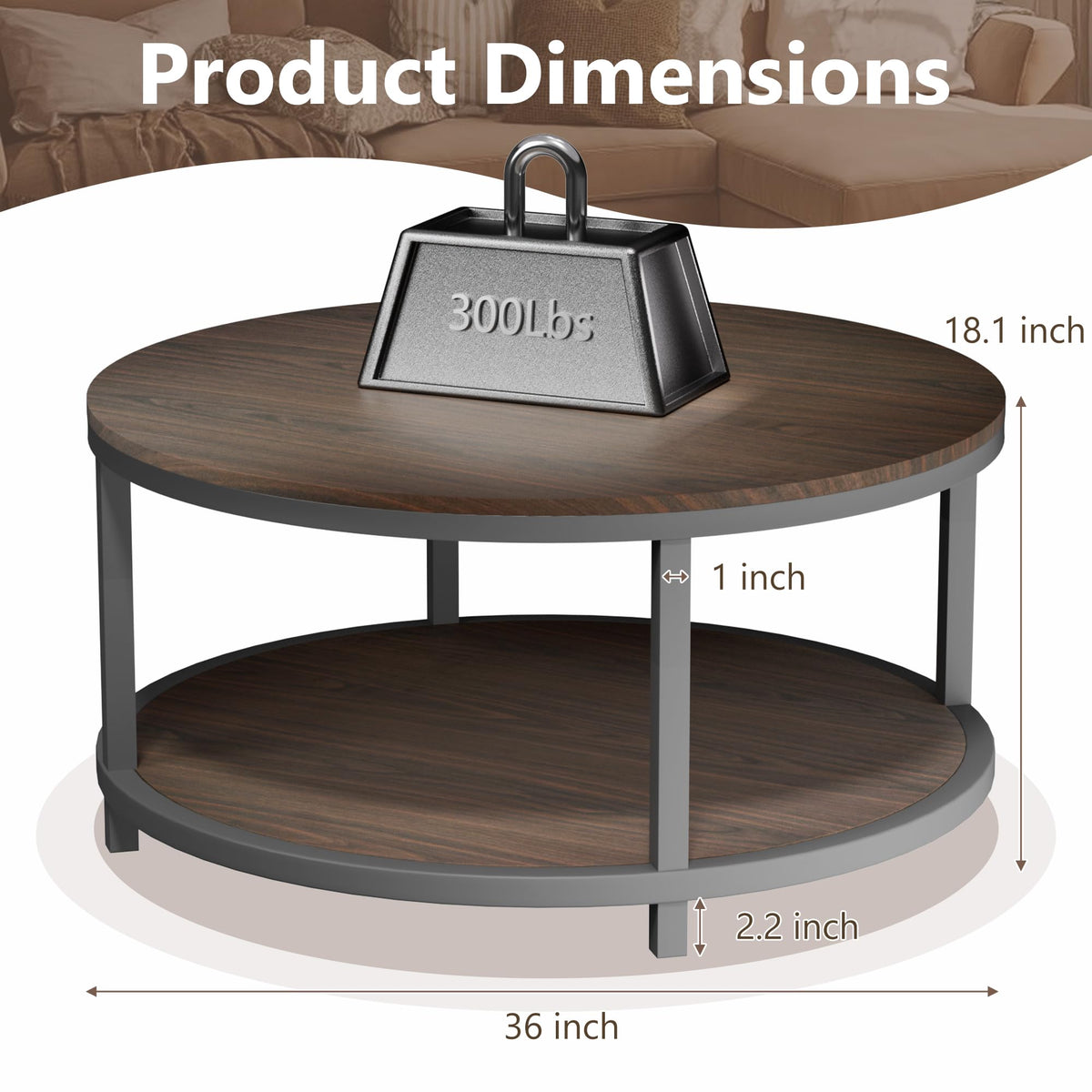 36" Round 2-Tier Coffee Table with Storage Shelf, Black Walnut U6992