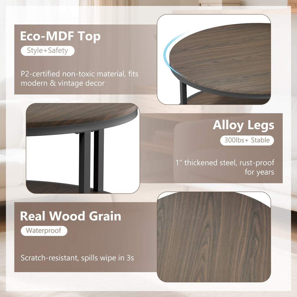 36" Round 2-Tier Coffee Table with Storage Shelf, Black Walnut U6992