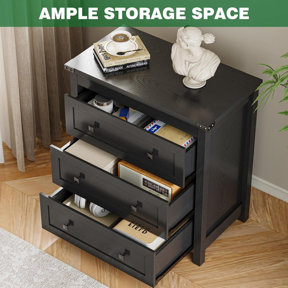 27.6" Wide Black 3 Drawer Wood Nightstand T31346