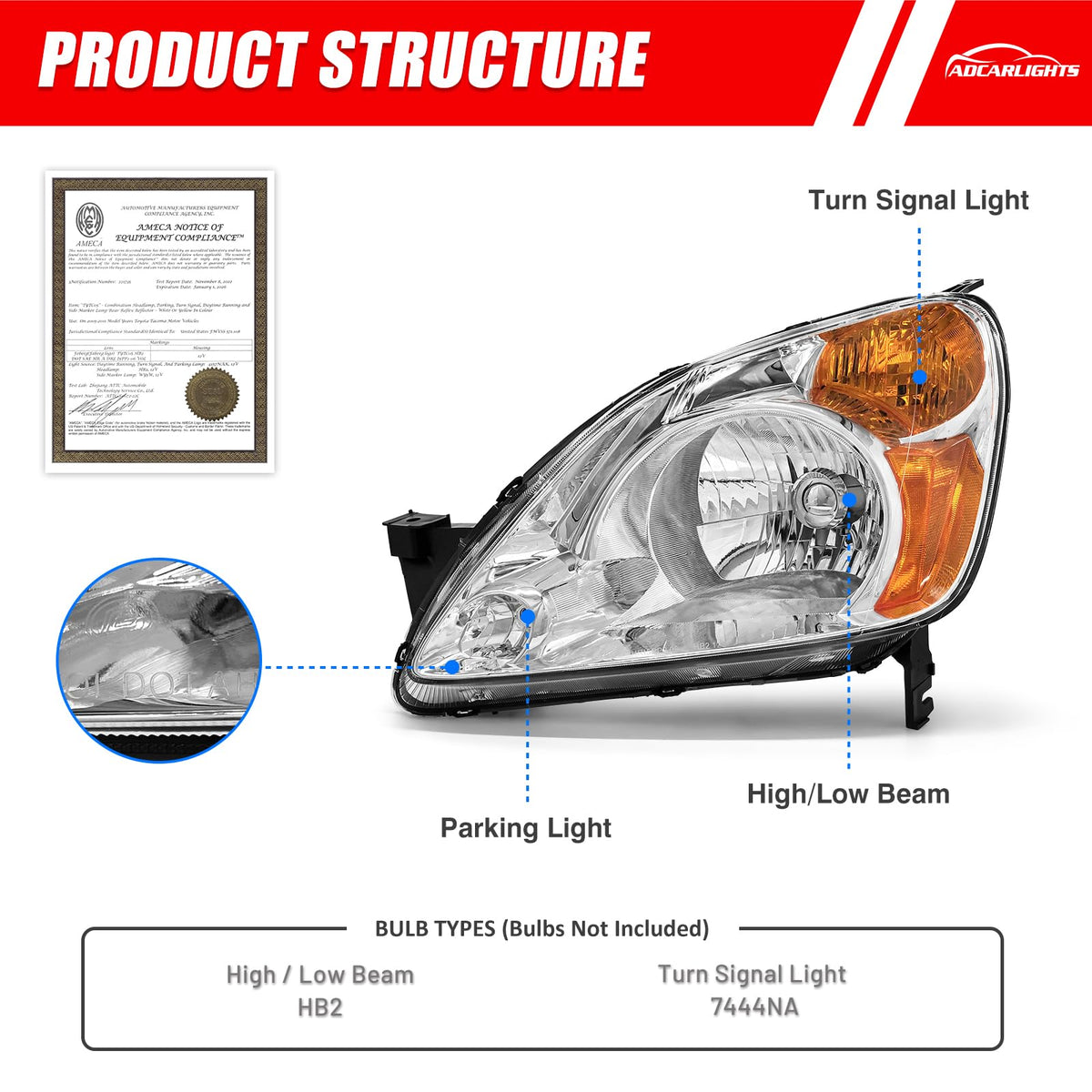 Headlamp Assembly with Chrome Housing Amber Reflector Driver and Passenger Sides P86223
