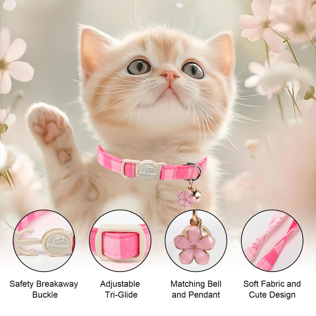 Pink Breakaway Cat Collar with Bell, Bow and Flower Pendant M3595