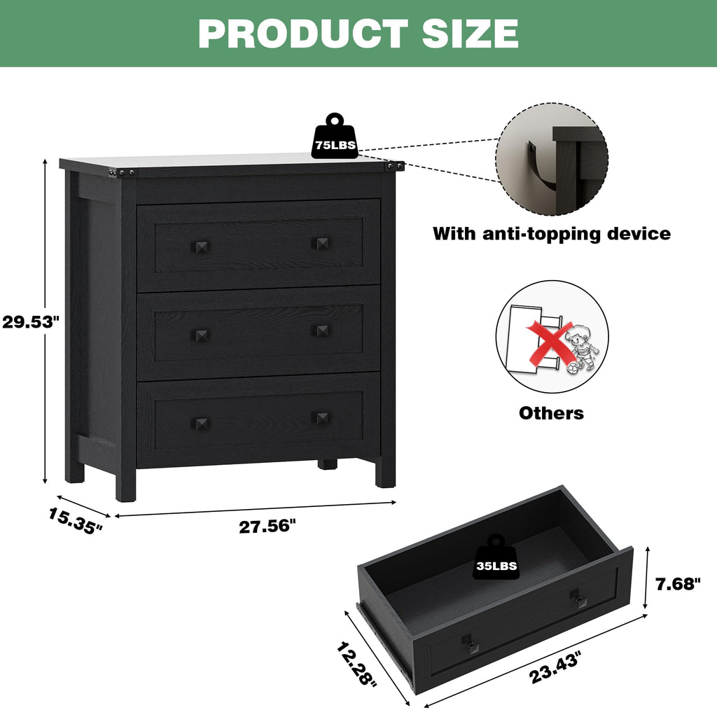 27.6" Wide Black 3 Drawer Wood Nightstand T31346