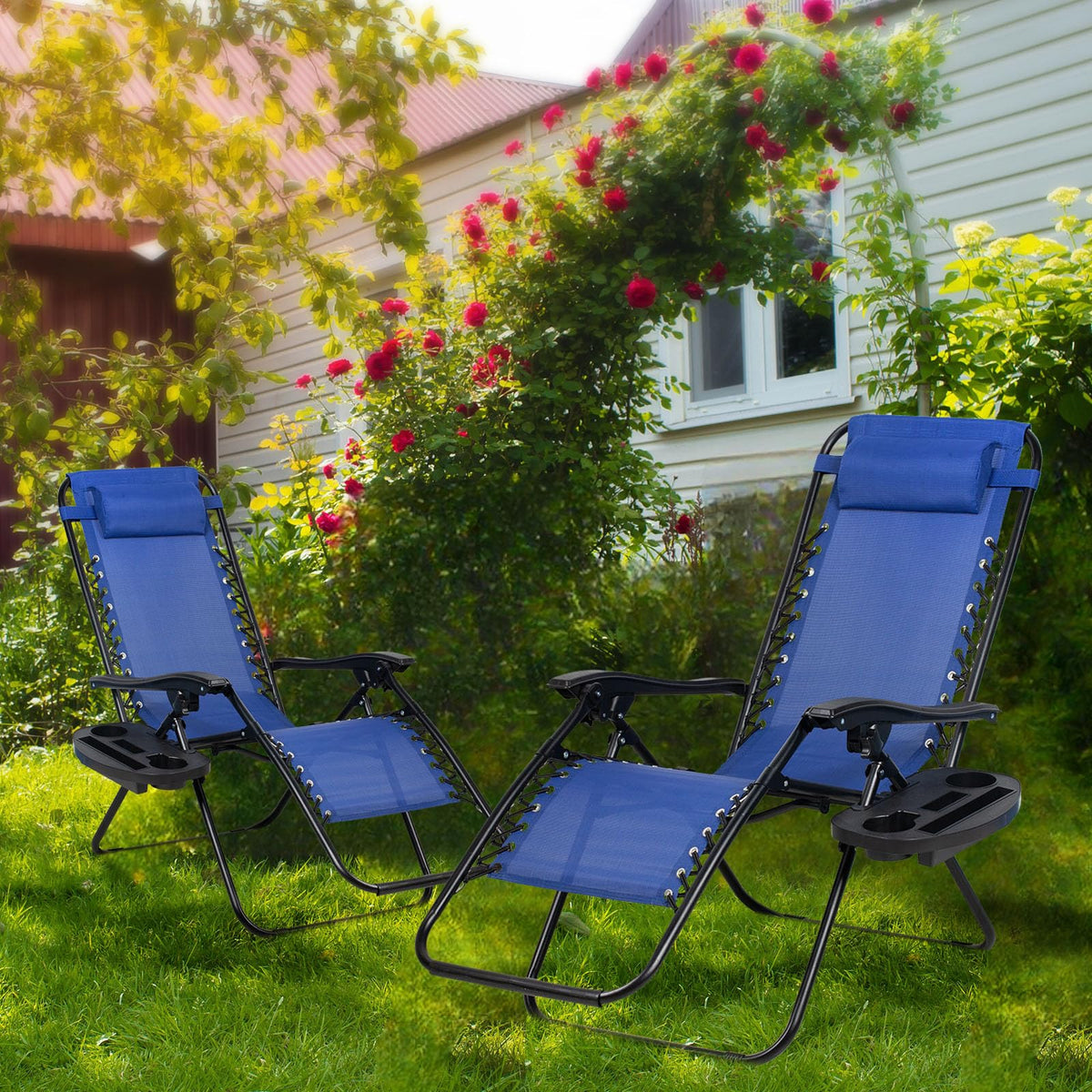 Set of 2 Adjustable Steel Mesh Zero Gravity Lounge Chairs with Pillow and Cup Holder C144785
