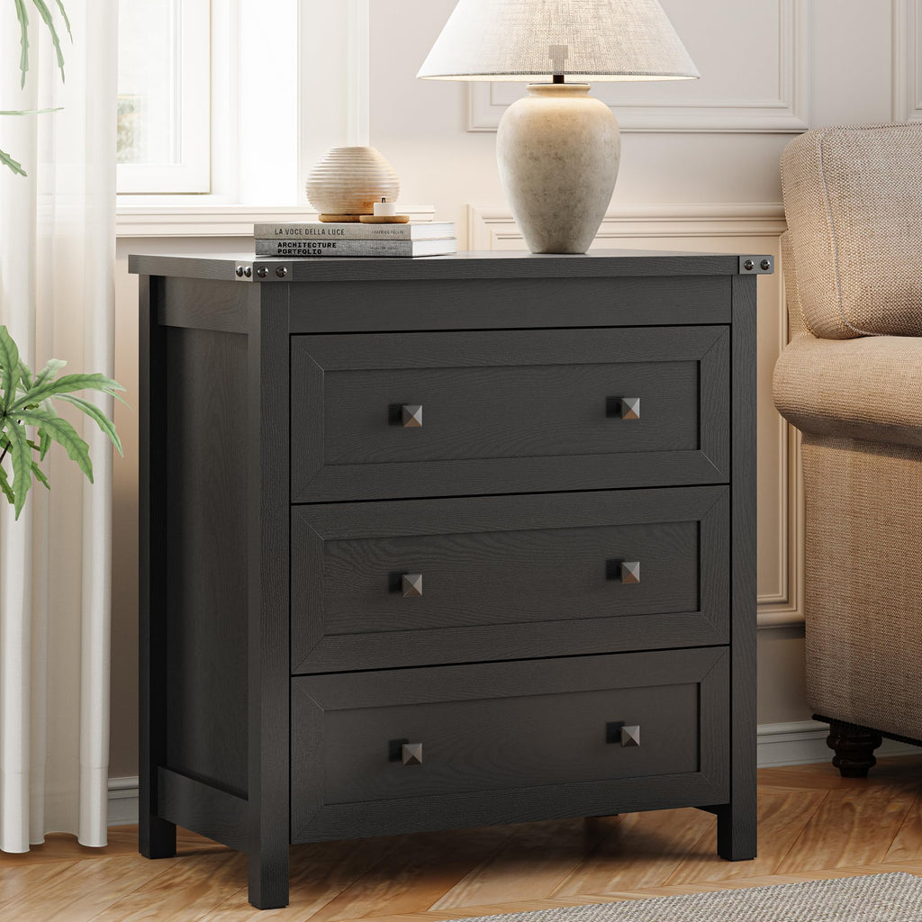 27.6" Wide Black 3 Drawer Wood Nightstand T31346