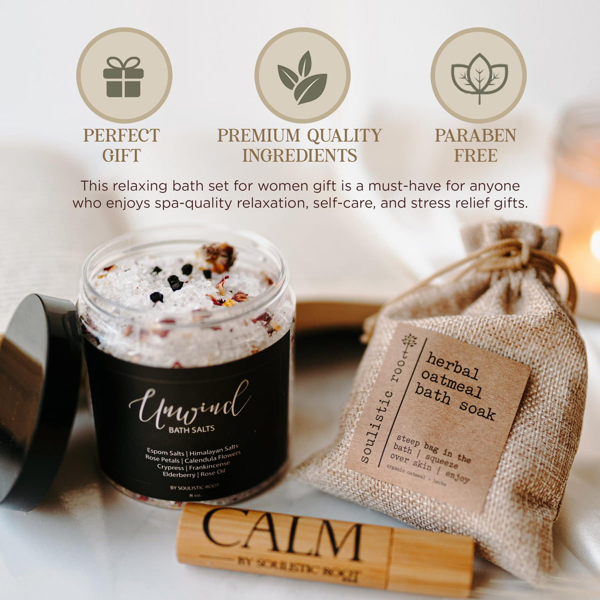 Bath Gift Set with Essential Oil Roller, Bath Salts & Oatmeal Bath Soak S78097