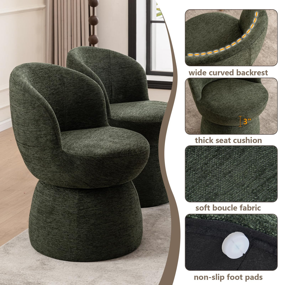 Green Boucle Fabric Swivel Accent Chair Set of 2 P4966