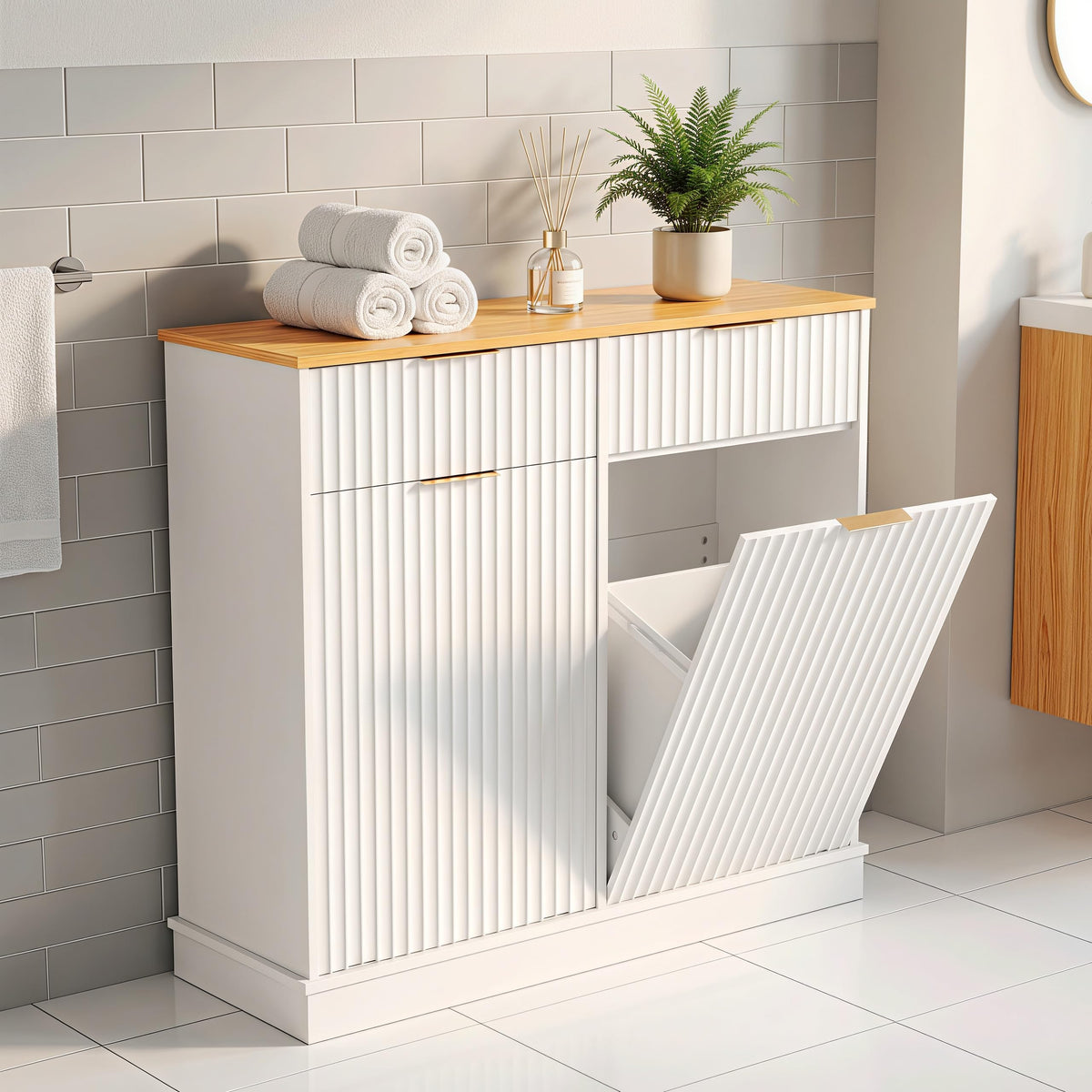 20 Gallon Double Tilt Out Wooden Trash Can Cabinet with Storage Drawers K28225