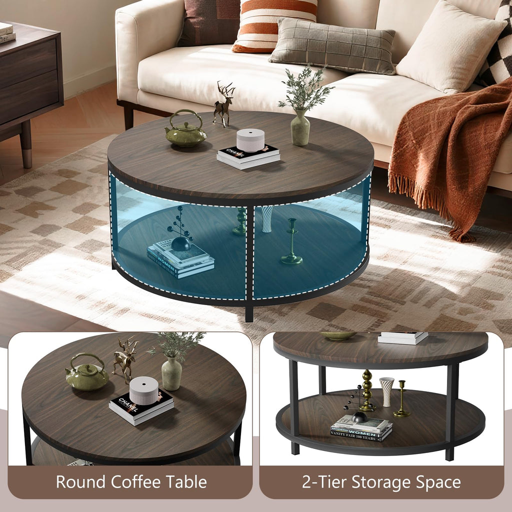 36" Round 2-Tier Coffee Table with Storage Shelf, Black Walnut U6992