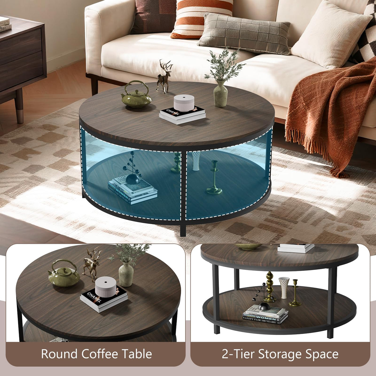 36" Round 2-Tier Coffee Table with Storage Shelf, Black Walnut U6992