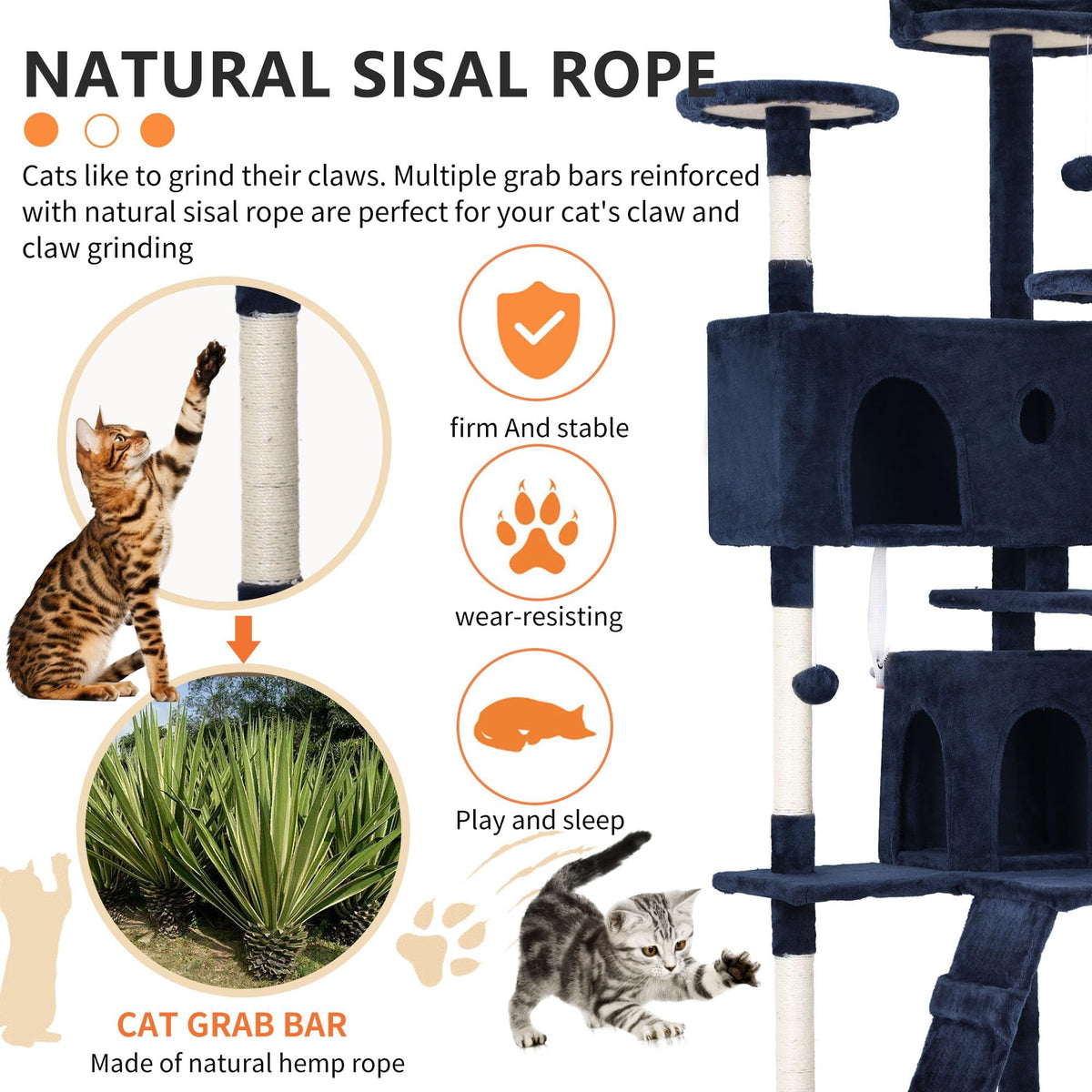 70 Inch Navy Blue Cat Tree Tower with Scratching Post Q4273